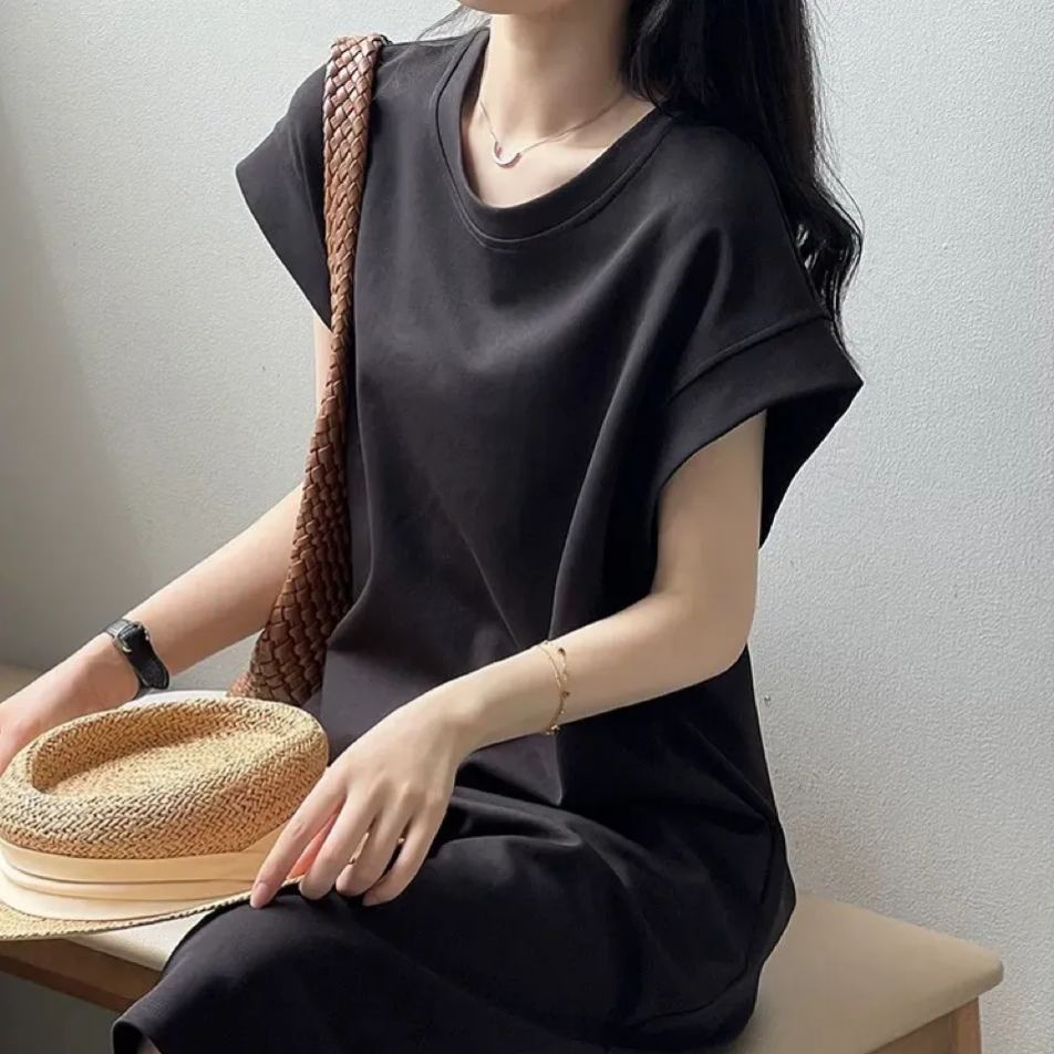 日韓飛飛袖防走光寬鬆小眾中長款洋裝