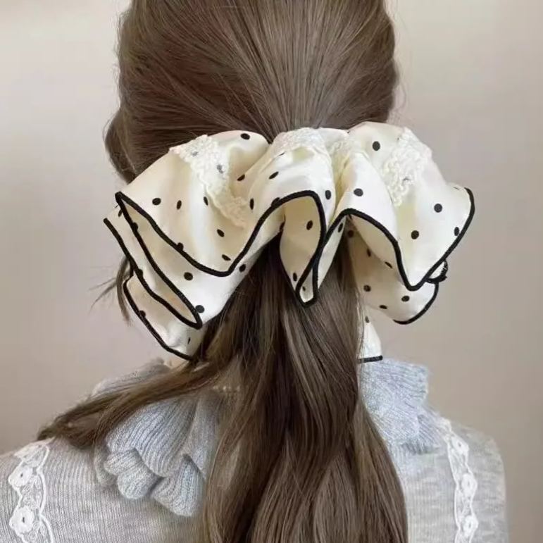 法式復古溫柔氣質高級感黑白波點絲絨髮圈