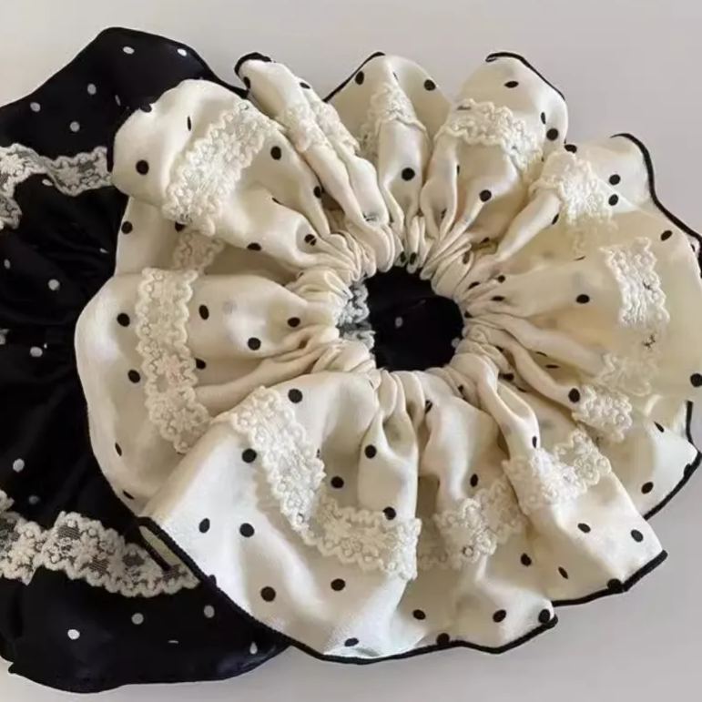 法式復古溫柔氣質高級感黑白波點絲絨髮圈