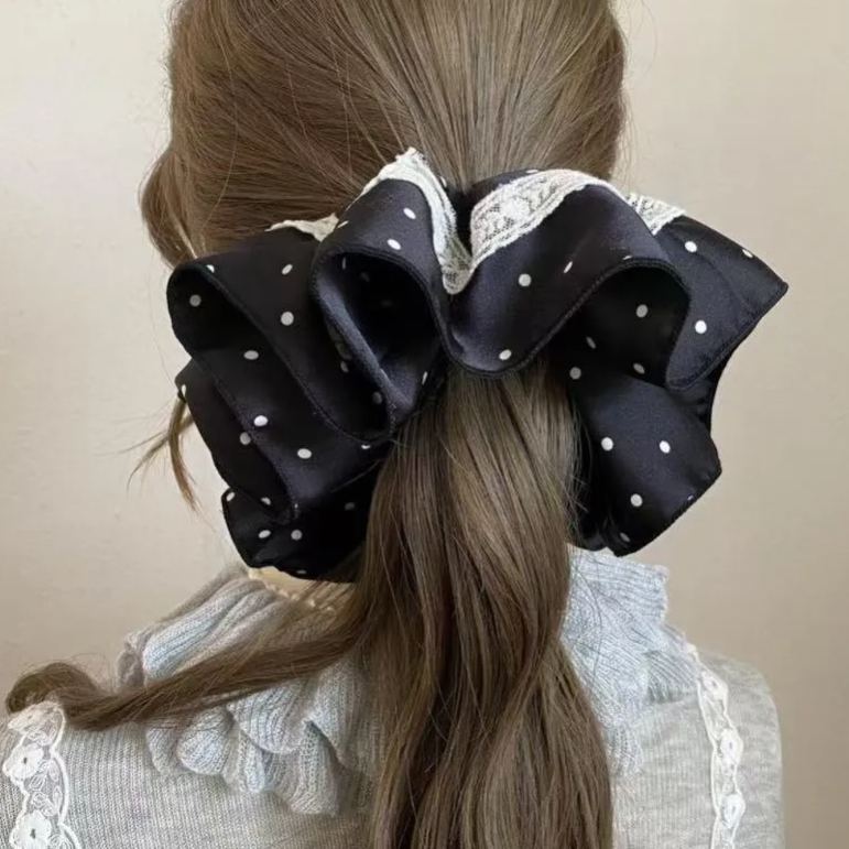 法式復古溫柔氣質高級感黑白波點絲絨髮圈