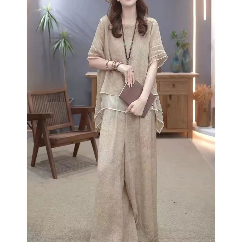 【單件/整套】復古文藝棉麻不規則下擺上衣+闊腿褲兩件套裝-Cicichill