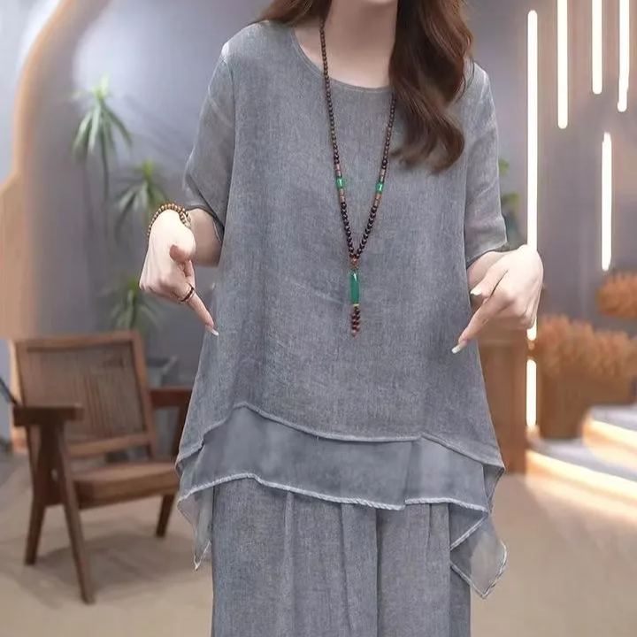 【單件/整套】復古文藝棉麻不規則下擺上衣+闊腿褲兩件套裝