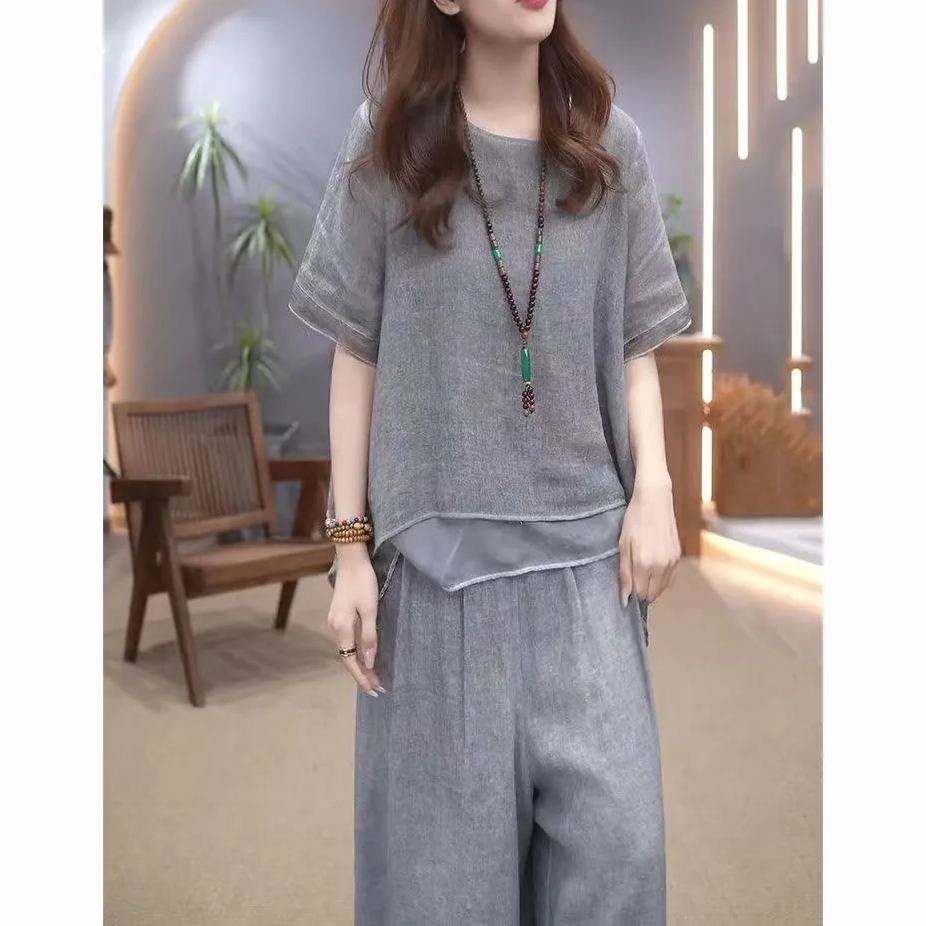 【單件/整套】復古文藝棉麻不規則下擺上衣+闊腿褲兩件套裝