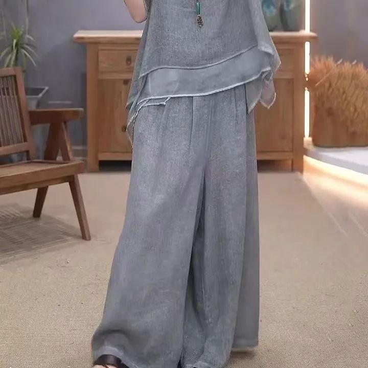 【單件/整套】復古文藝棉麻不規則下擺上衣+闊腿褲兩件套裝