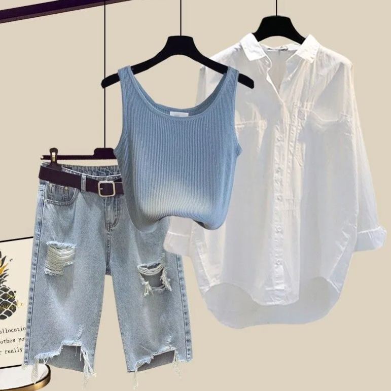 【單件/套裝】寬鬆襯衫背心破洞牛仔短褲三件套裝