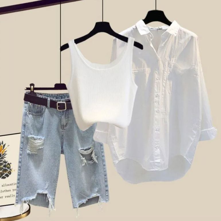 【單件/套裝】寬鬆襯衫背心破洞牛仔短褲三件套裝