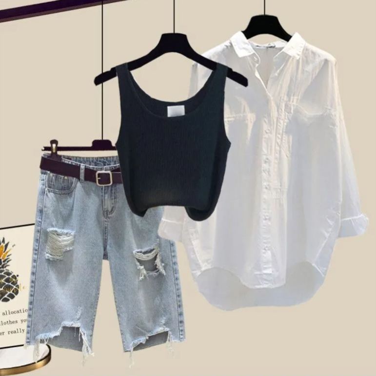 【單件/套裝】寬鬆襯衫背心破洞牛仔短褲三件套裝