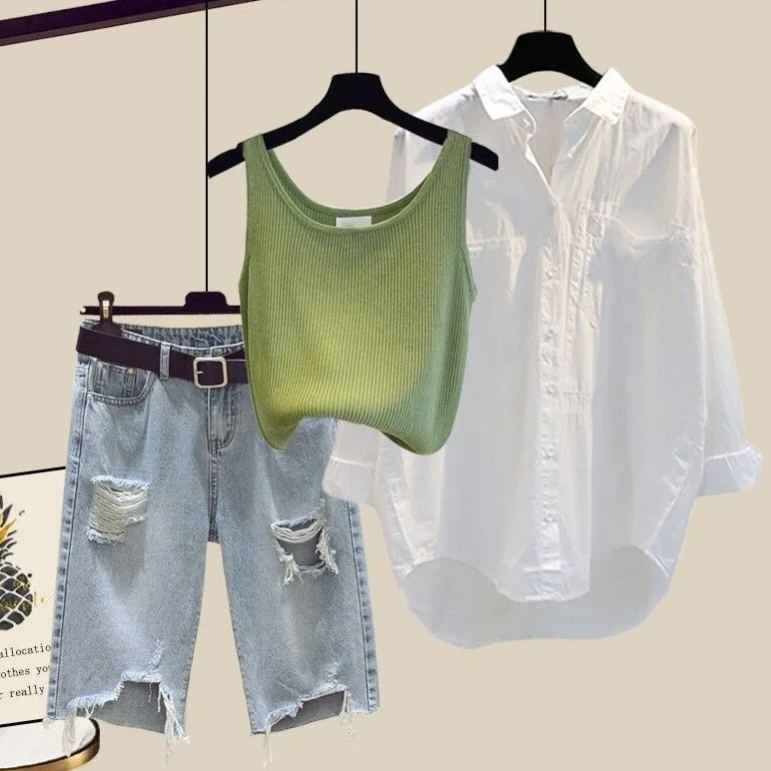 【單件/套裝】寬鬆襯衫背心破洞牛仔短褲三件套裝