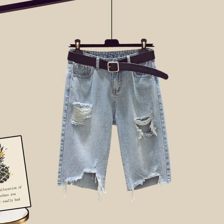 【單件/套裝】寬鬆襯衫背心破洞牛仔短褲三件套裝
