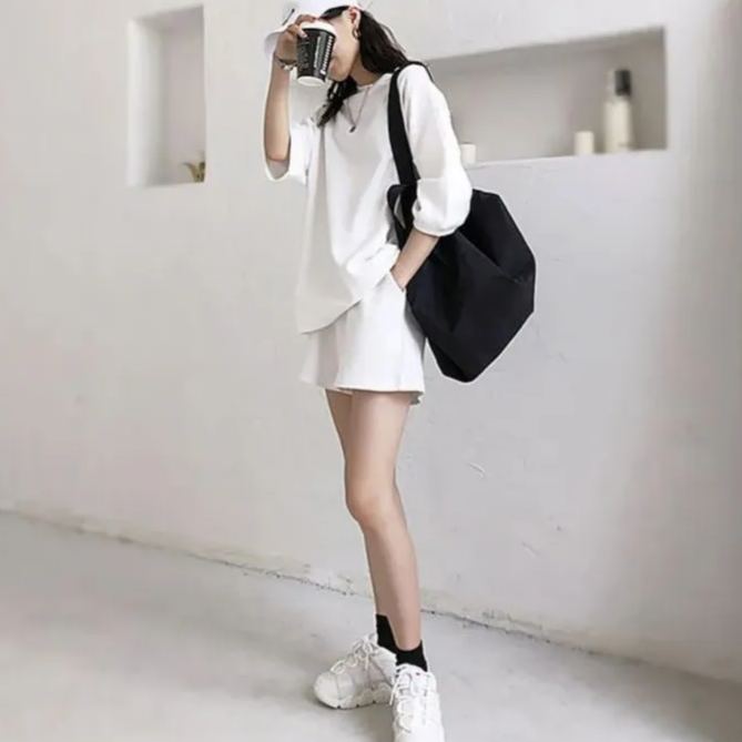 【整套】休閒時尚運動五分袖上衣+短褲兩件套裝-Cicichill