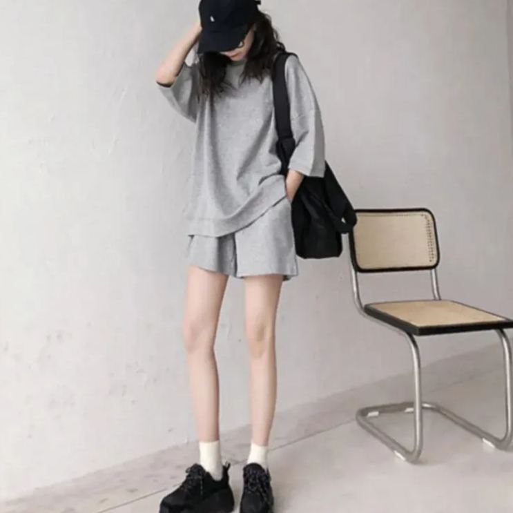 【整套】休閒時尚運動五分袖上衣+短褲兩件套裝-Cicichill