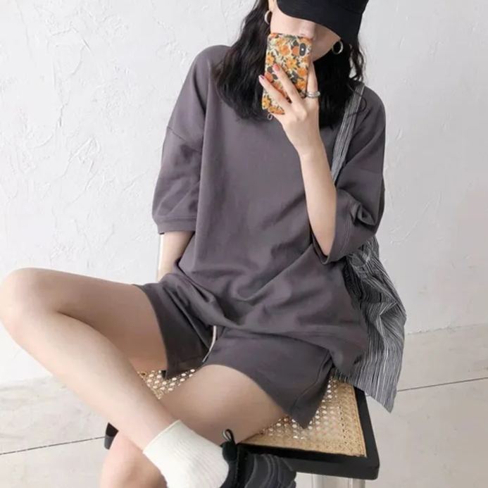 【整套】休閒時尚運動五分袖上衣+短褲兩件套裝