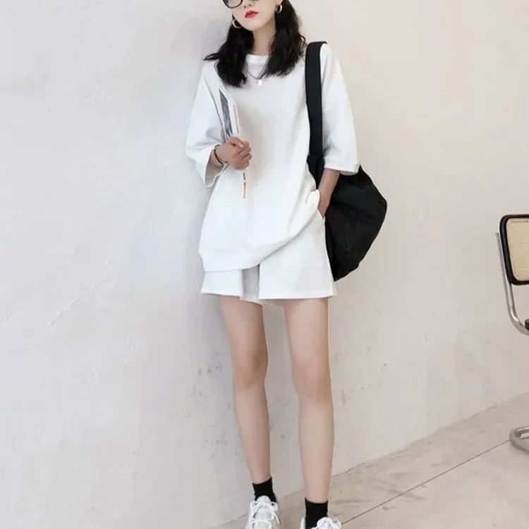 【整套】休閒時尚運動五分袖上衣+短褲兩件套裝