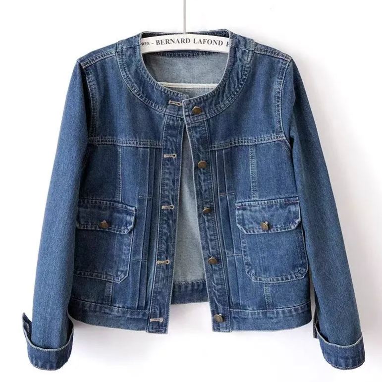 圓領壓褶藍色牛仔外套女短款春秋季長袖正肩修身顯瘦休閒夾克
