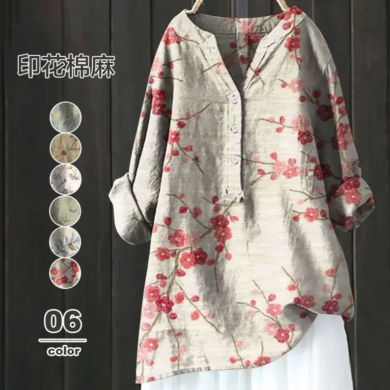 新款長袖棉麻舒適印花時尚百搭襯衫