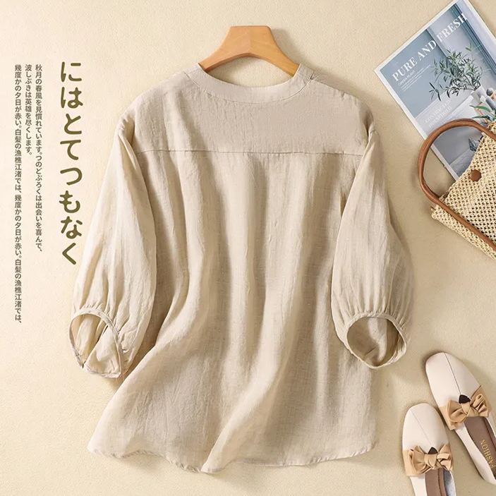 棉麻V領收腰五分袖套頭寬鬆顯瘦百搭襯衫