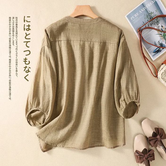棉麻V領收腰五分袖套頭寬鬆顯瘦百搭襯衫