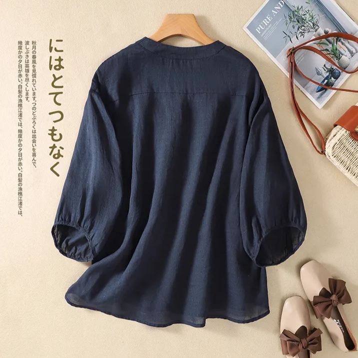 棉麻V領收腰五分袖套頭寬鬆顯瘦百搭襯衫