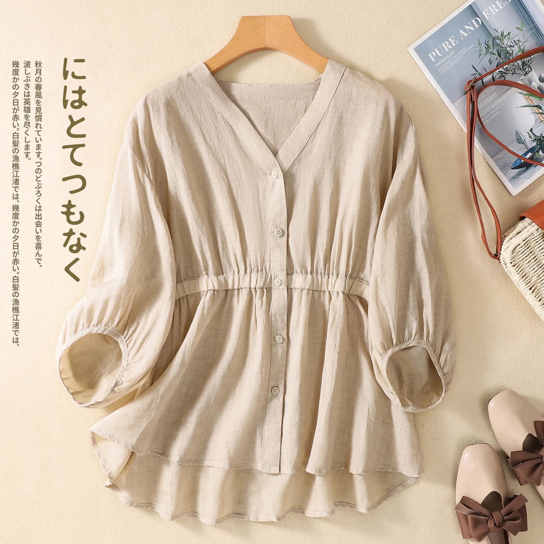 棉麻V領收腰五分袖套頭寬鬆顯瘦百搭襯衫