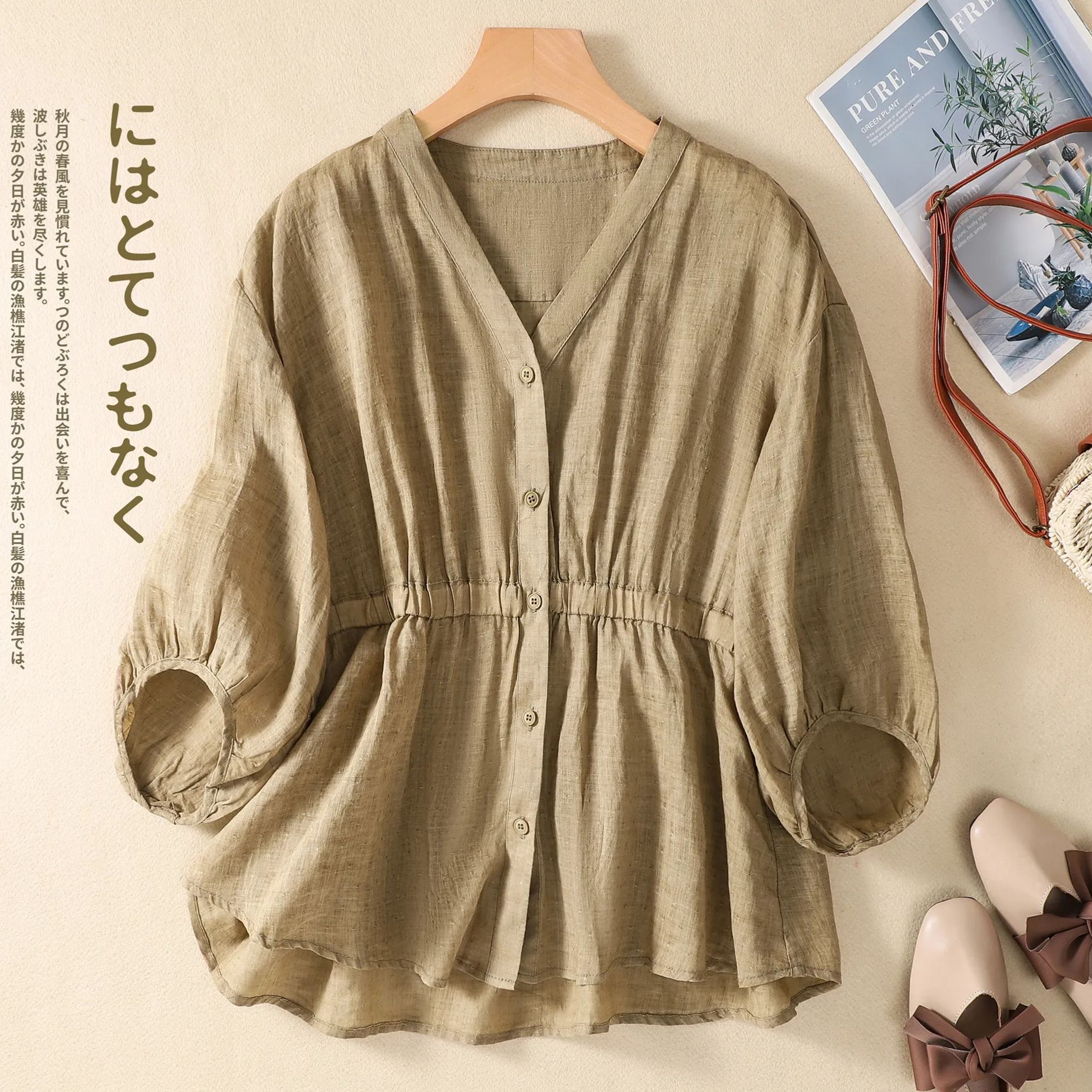 棉麻V領收腰五分袖套頭寬鬆顯瘦百搭襯衫