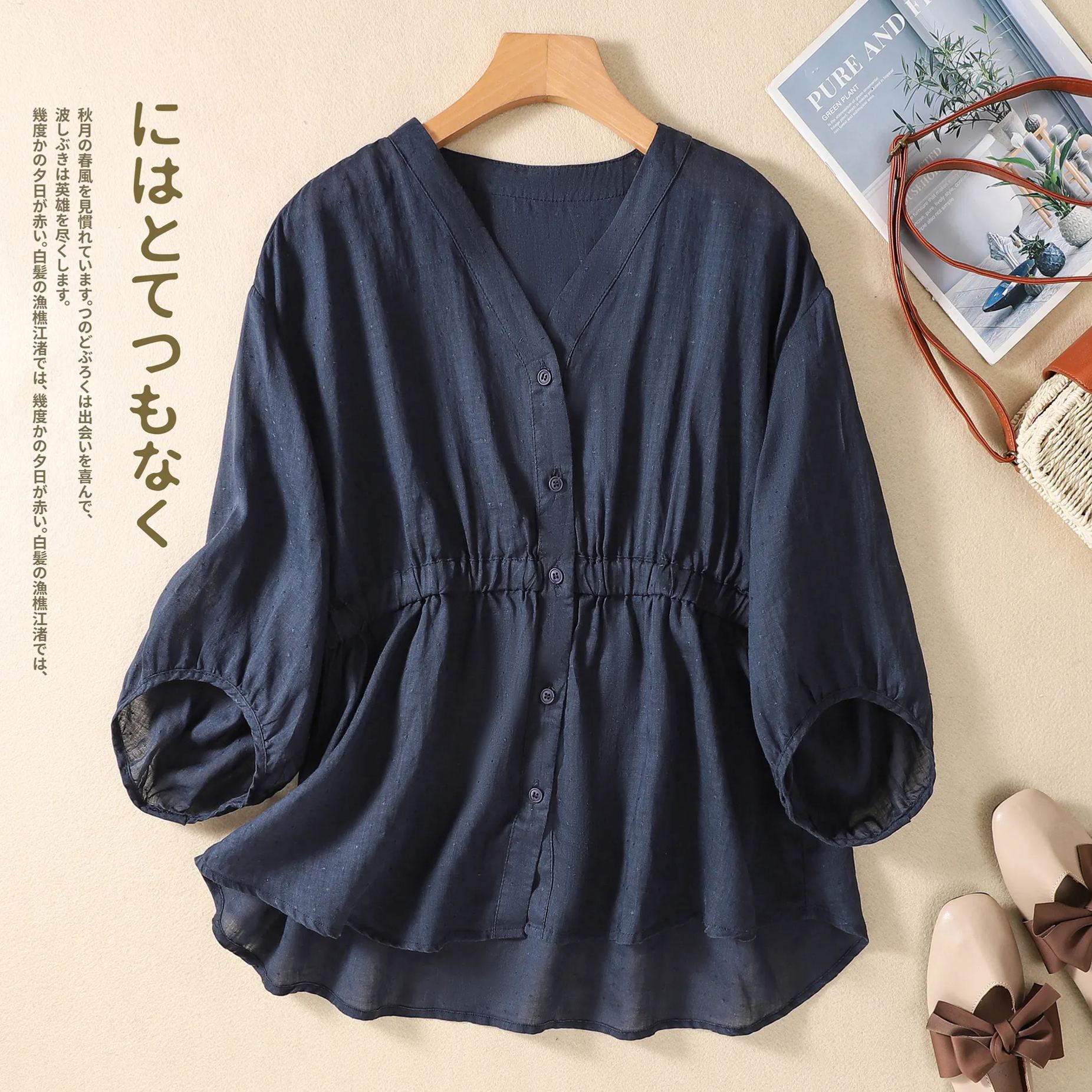 棉麻V領收腰五分袖套頭寬鬆顯瘦百搭襯衫