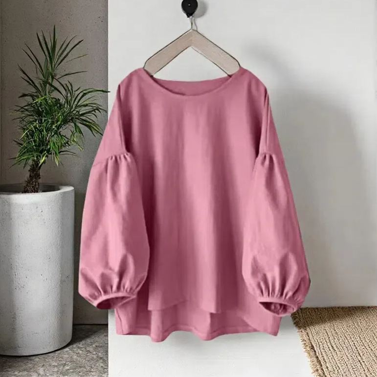 新款寬鬆休閒純色圓領長袖泡泡袖襯衫上衣女