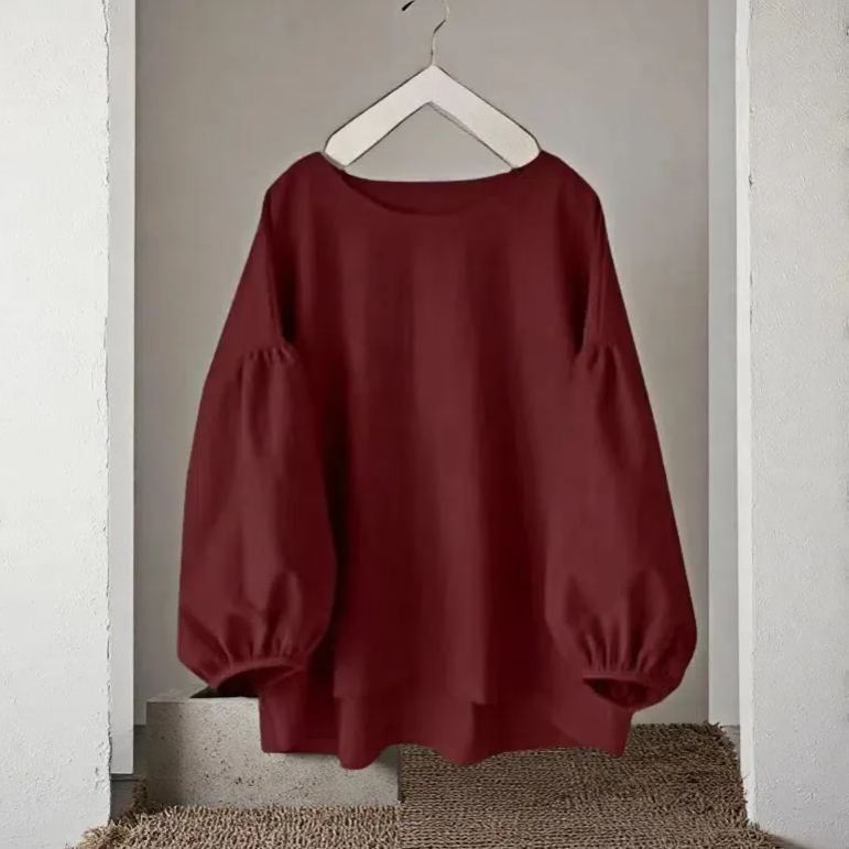 新款寬鬆休閒純色圓領長袖泡泡袖襯衫上衣女