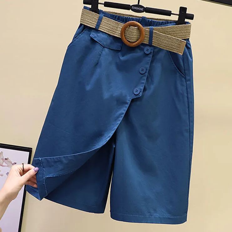 時尚休閒顯瘦鬆緊腰直筒五分闊腿褲裙-Cicichill