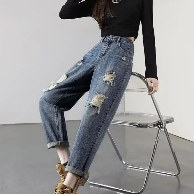 高腰百搭輕薄顯瘦寬鬆哈倫九分破洞牛仔褲