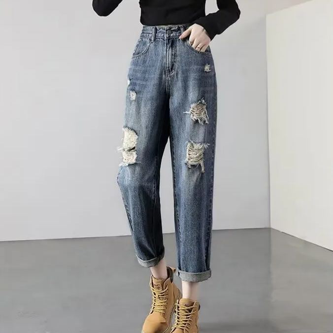 高腰百搭輕薄顯瘦寬鬆哈倫九分破洞牛仔褲