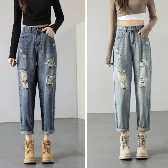 高腰百搭輕薄顯瘦寬鬆哈倫九分破洞牛仔褲