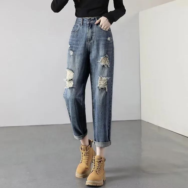 高腰百搭輕薄顯瘦寬鬆哈倫九分破洞牛仔褲