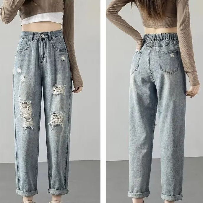 高腰百搭輕薄顯瘦寬鬆哈倫九分破洞牛仔褲