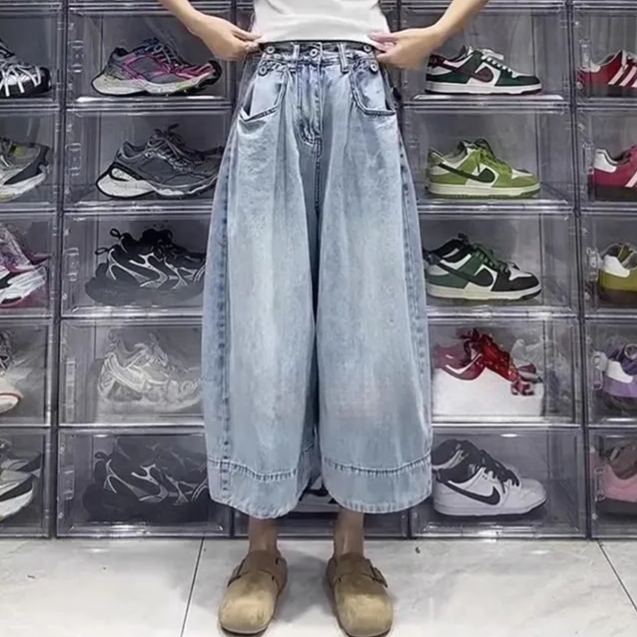 薄款大碼顯瘦直筒寬鬆梨型身材闊腿牛仔褲