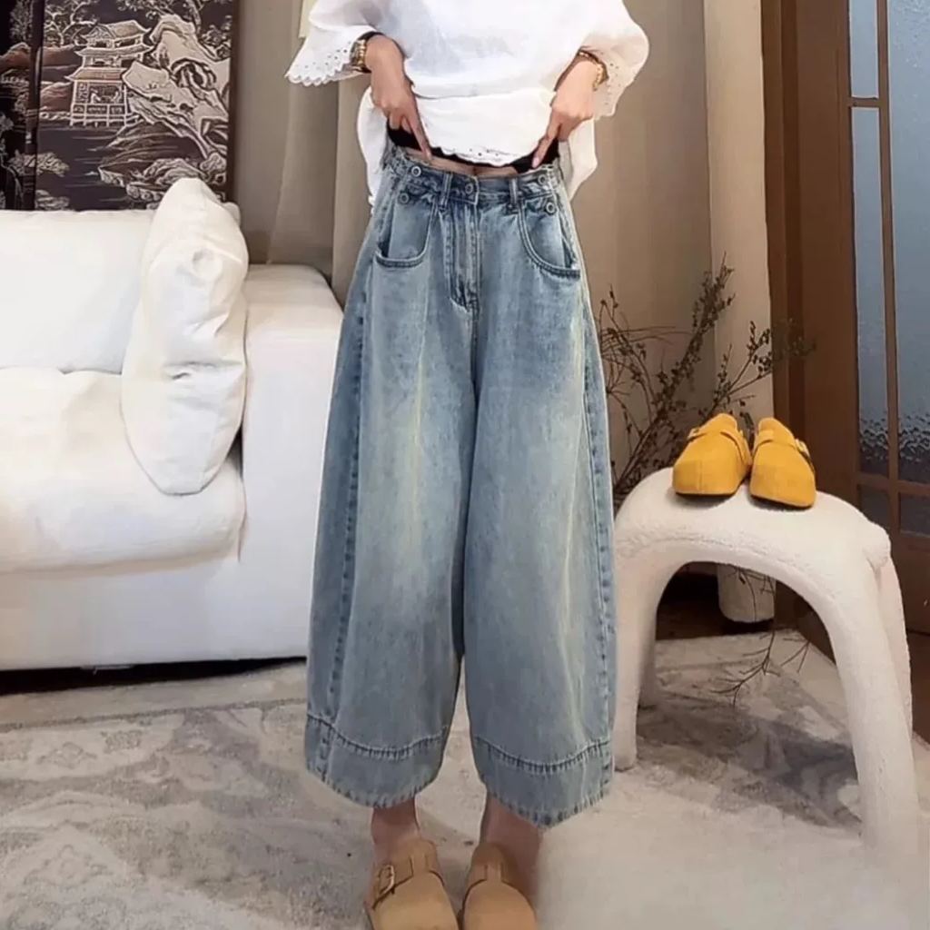 薄款大碼顯瘦直筒寬鬆梨型身材闊腿牛仔褲