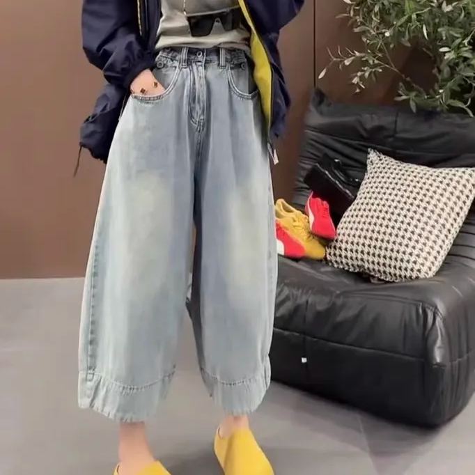 薄款大碼顯瘦直筒寬鬆梨型身材闊腿牛仔褲