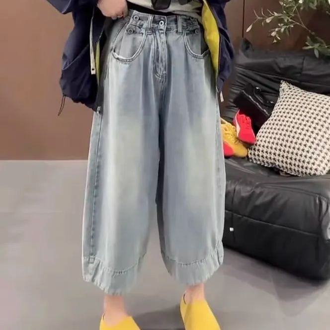 薄款大碼顯瘦直筒寬鬆梨型身材闊腿牛仔褲