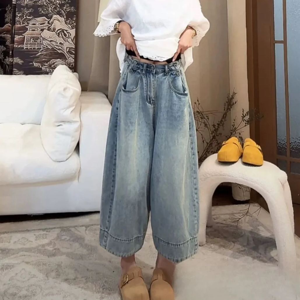 薄款大碼顯瘦直筒寬鬆梨型身材闊腿牛仔褲