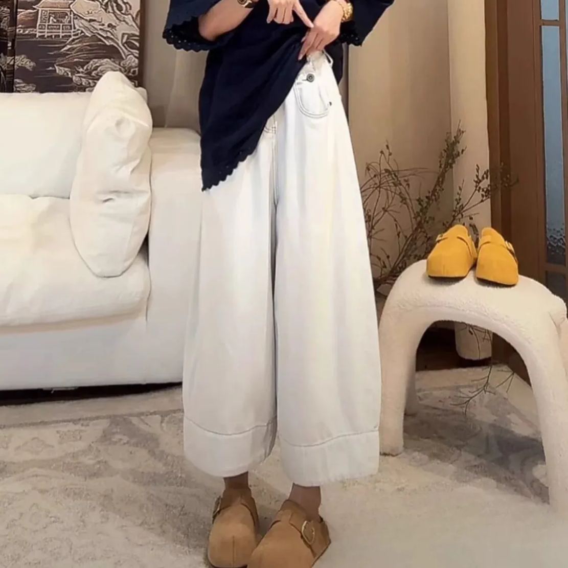 薄款大碼顯瘦直筒寬鬆梨型身材闊腿牛仔褲