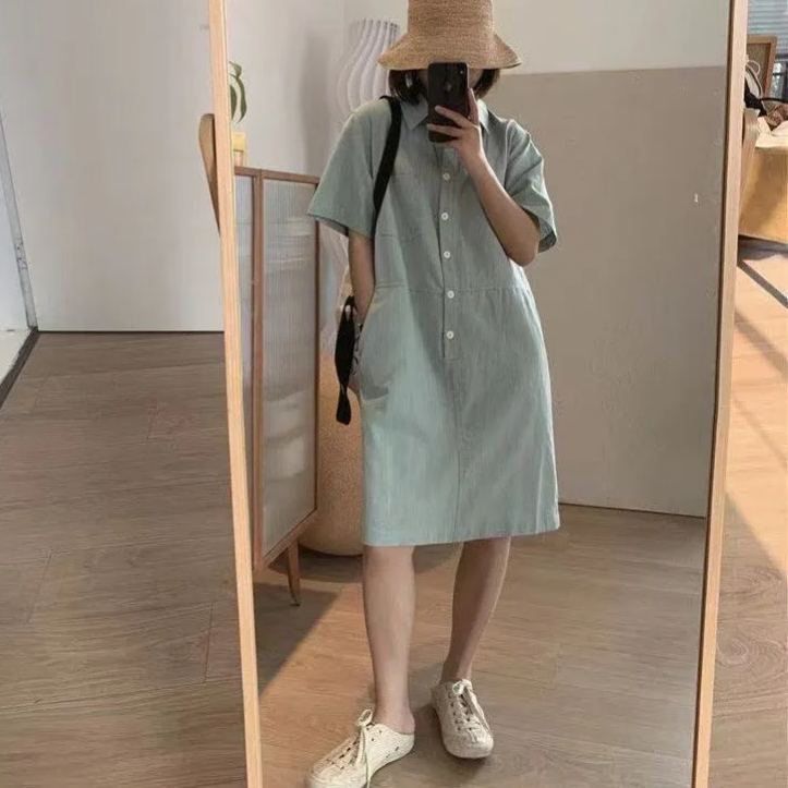 棉麻涼爽簡約休閒直筒翻領套頭短袖連身裙-Cicichill