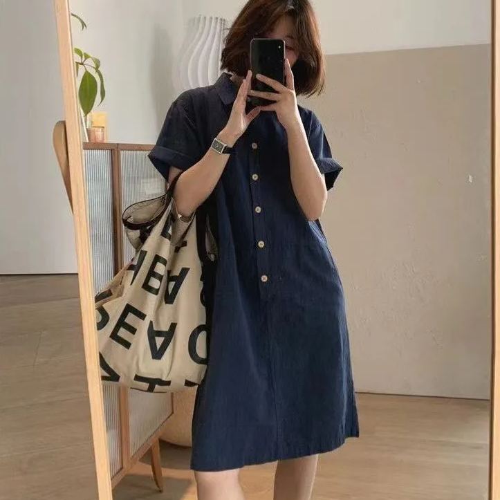 棉麻涼爽簡約休閒直筒翻領套頭短袖連身裙-Cicichill