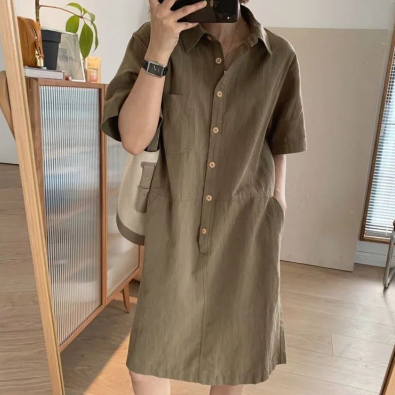 棉麻涼爽簡約休閒直筒翻領套頭短袖連身裙-Cicichill