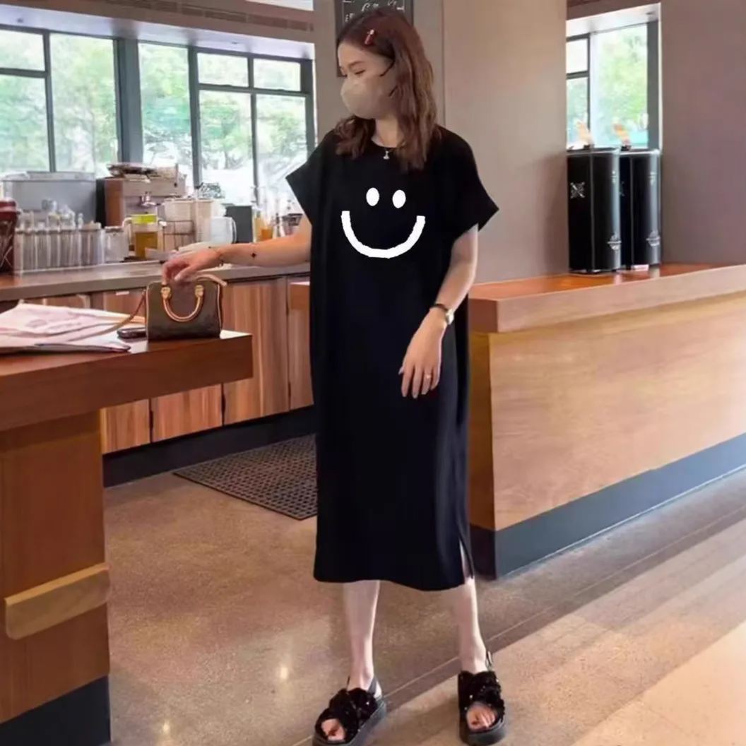 日韓休閒笑臉印花短袖裙子夏季新款寬鬆大碼中長款連衣裙