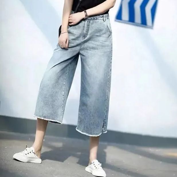 墜感七分褲女闊腿牛仔褲女夏季薄款新款高腰毛邊寬鬆直筒大碼