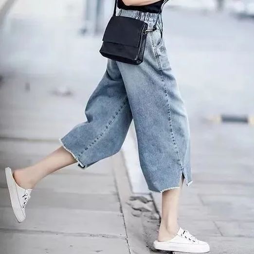 墜感七分褲女闊腿牛仔褲女夏季薄款新款高腰毛邊寬鬆直筒大碼