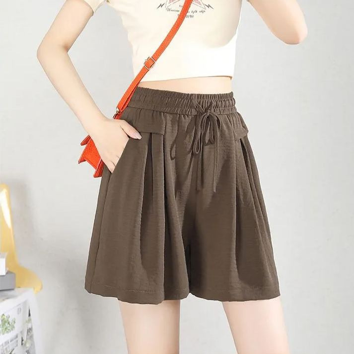 冰絲運動五分褲薄款垂感百褶闊腿休閒裙褲