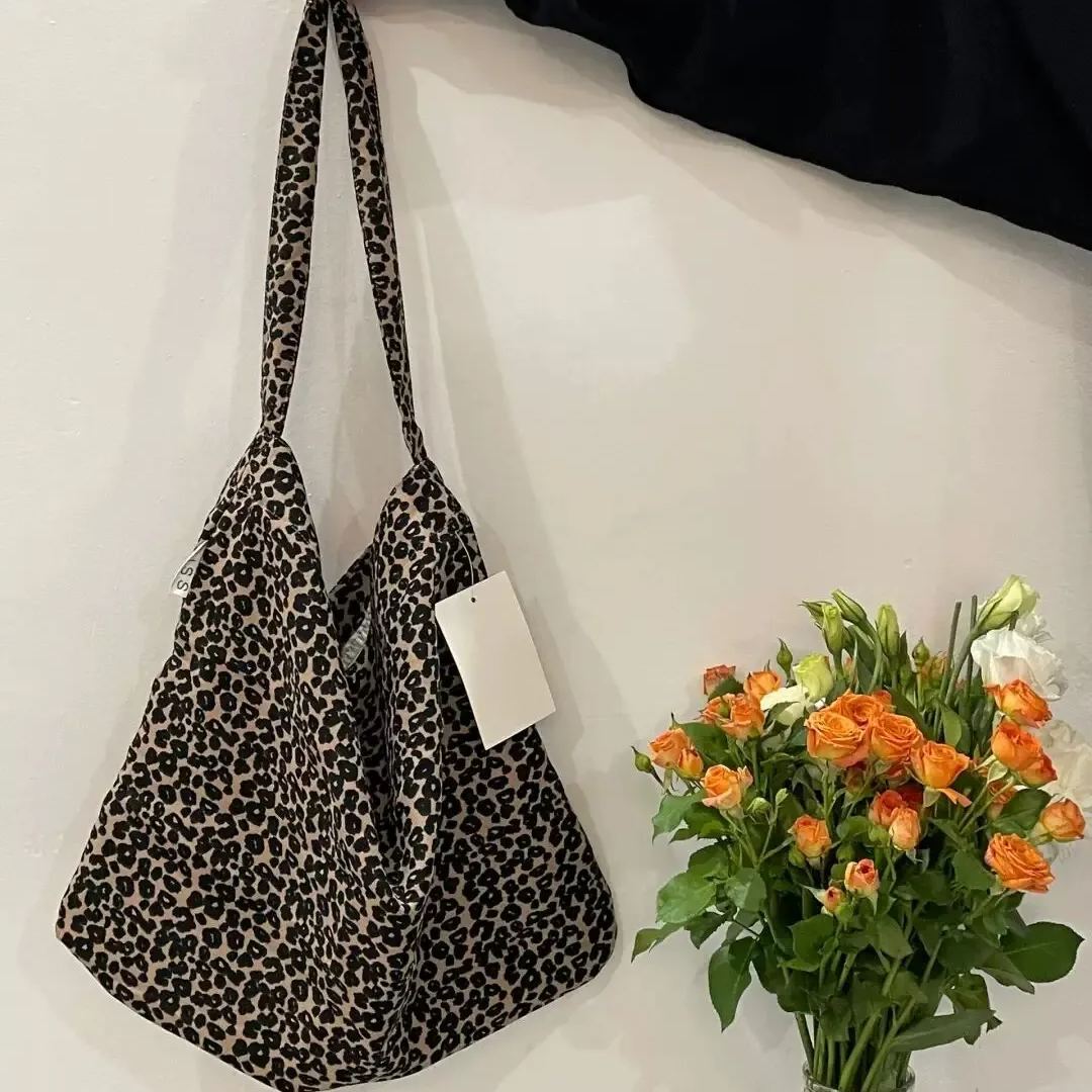 雙層帆布休閒印花單肩包豹紋大容量單肩包