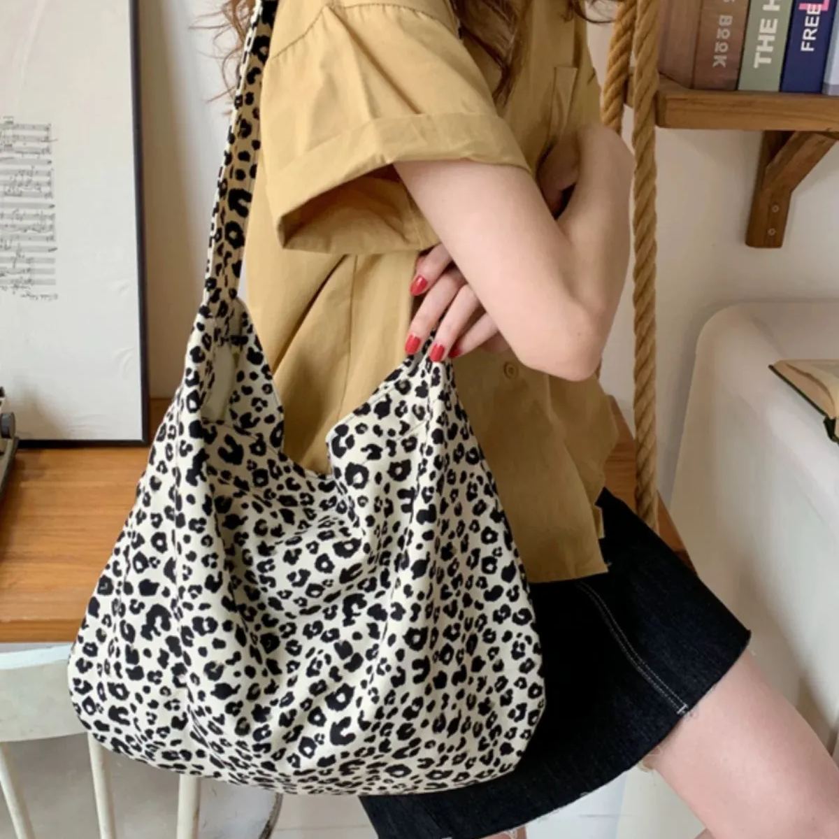 雙層帆布休閒印花單肩包豹紋大容量單肩包