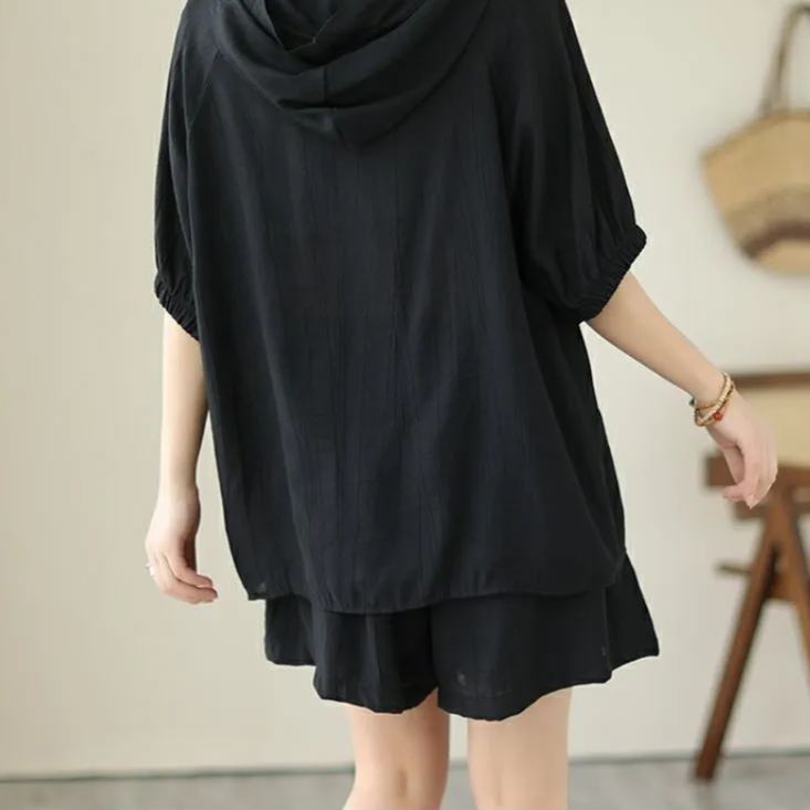 【整套】時尚大碼連帽短袖寬鬆顯瘦短褲兩件套裝