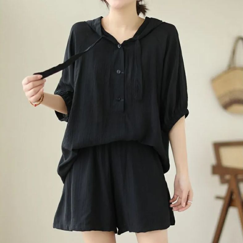 【整套】時尚大碼連帽短袖寬鬆顯瘦短褲兩件套裝